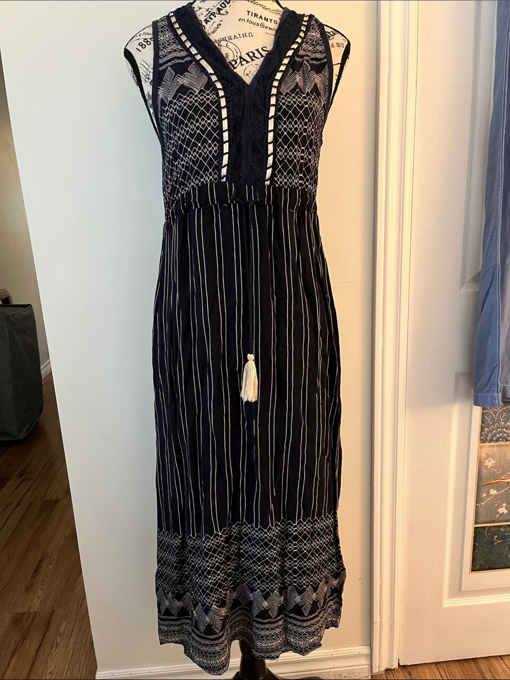 Sleeveless Navy Maxi Dress with White Embroidery and Tassel Tie
